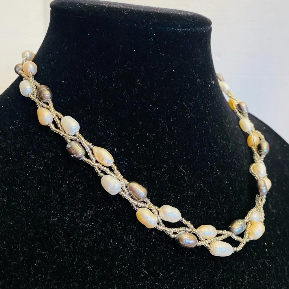 Evergems Pink Multi Strand Pearl Statement Necklace Real Freshwater Pearls - Picture 2 of 15